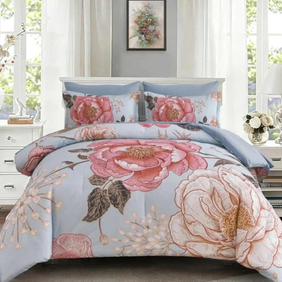 

Floral Comforter Set 7 Pieces Bed in a Bag Flower Print on Bedding Set Soft Reversible Comforter with Sheets 90"x90