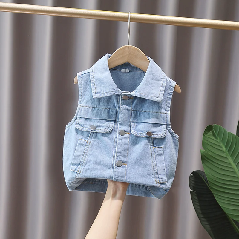 2024 Summer Boys Fashion Blue Label Button Lapel Pocket Denim Vest Coat Children\'s Clothing 1-6y