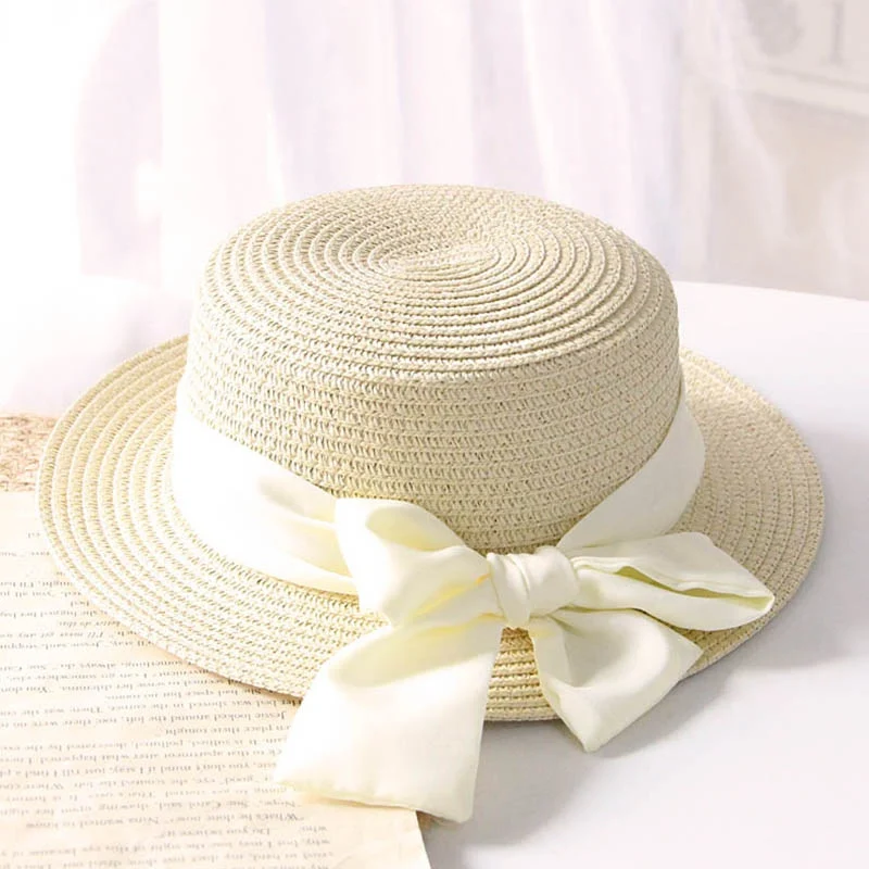 Fashion Bow Kids Straw Sun Hats Kids Girls Summer Beach Hats 50-52-54cm Children Flat Visor Caps Sun Protection