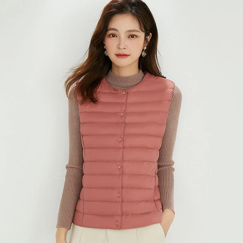 

90% ультралегкий пуховый жилет, женский осенне-зимний пуховик с изоляционной подкладкой, тонкий круглый вырез, куртка без рукавов на утином пуху, новый пуховый жилет