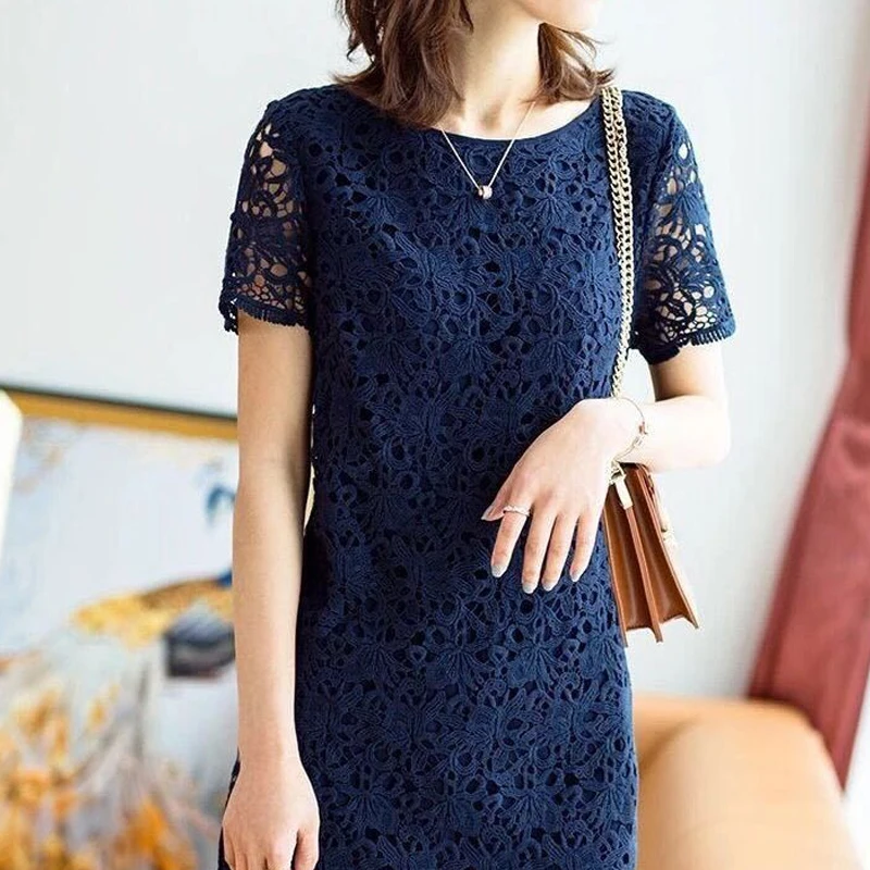 Knee Skirts Skinny Temperament Round Neck Short Sleeve Hollow Out Solid Dignified Dresses Elegant Casual Women\'s Clothing 2023