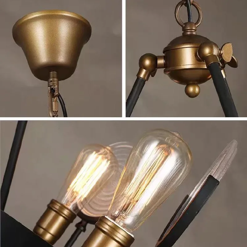 American Industrial Black Metal and Glass Pendant Lamp Round Ceilings Lustre with Brass Details