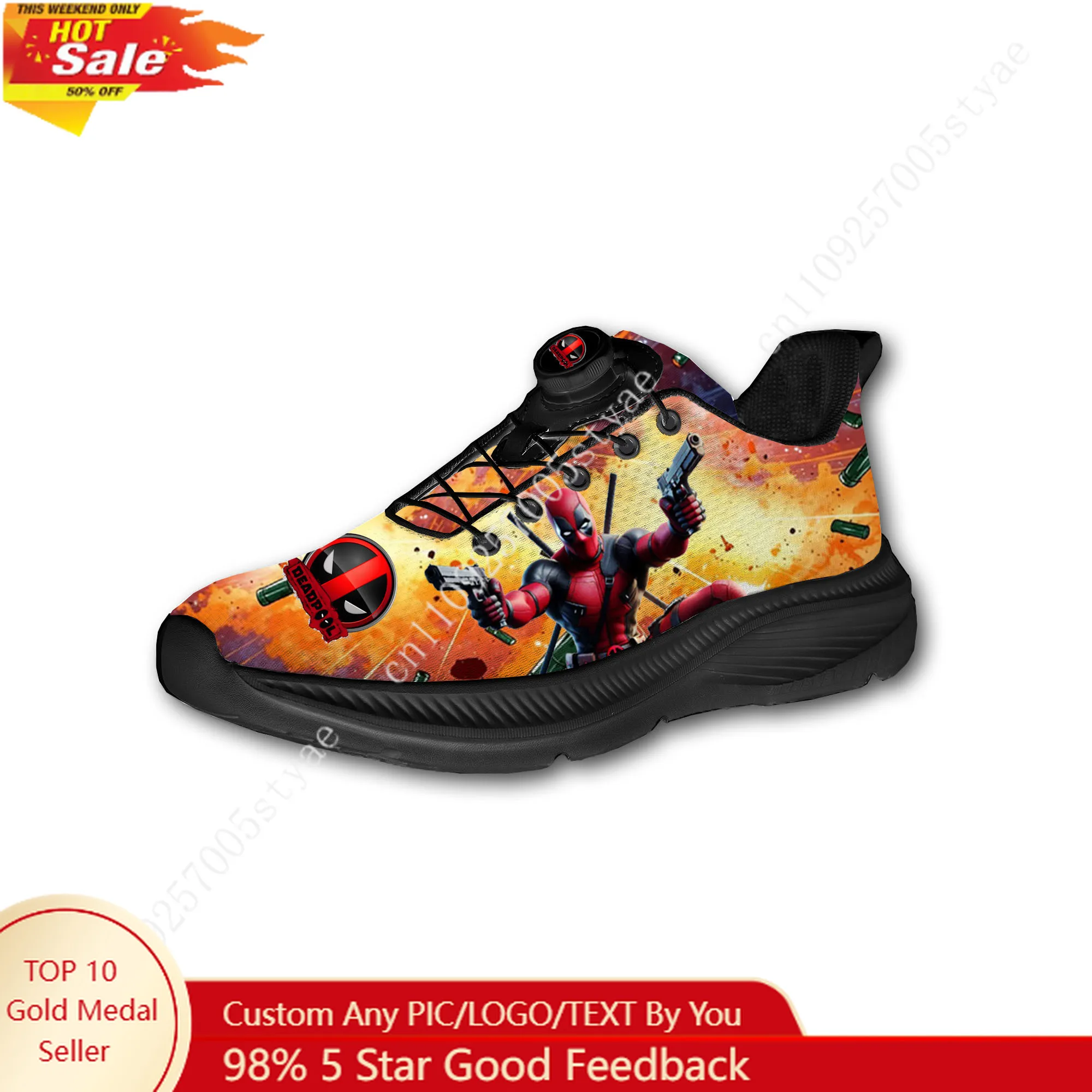 

Marvel Deadpool Mens Womens Running Off-road Shoes Laceless Rotating Button Sports Shoe Hiking Leisure Custom Sneaker