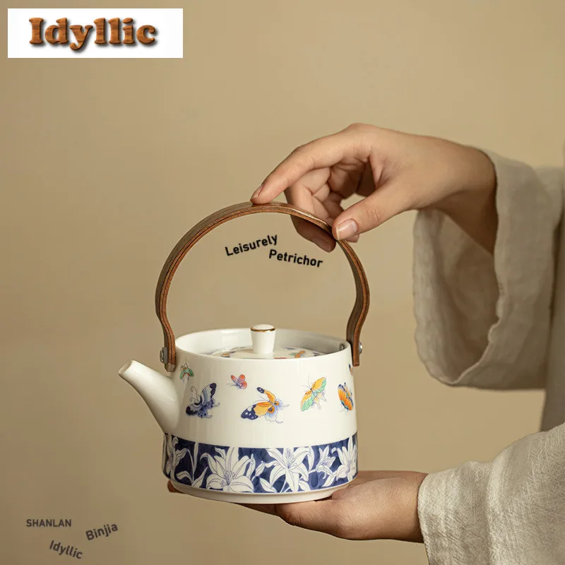 

500ml Sheep Fat Jade Blue And White Doucai Lifting Handle Teapot Zen Tea Infuser Pot Tea Maker Kettle With Filter Teaware Craft