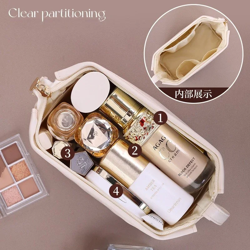 Solid PU Leather Makeup Bag, Lightweight Travel Wash Bag, Cosmetic bag With Wrist Strap For Women To Store Lipstick And Skincare