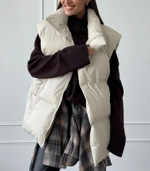 

Сплошной цвет, хлопковая куртка без рукавов с большими лацканами и карманами на молнии, зимняя женская повседневная простая свободная хлопковая жилетка