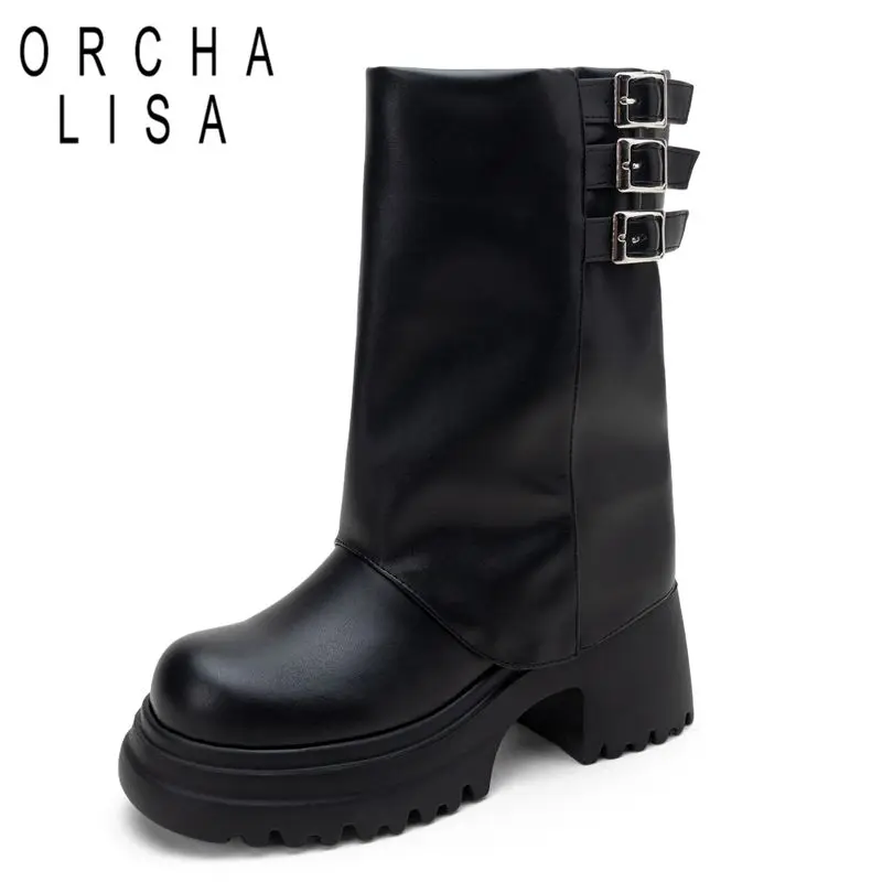 ORCHALISA Casual Ladies Mid Calf Footwear Round Toe Thick Heel 7.5cm Raised Base Metal Extended Sizes 43 44 45 Event Shoes