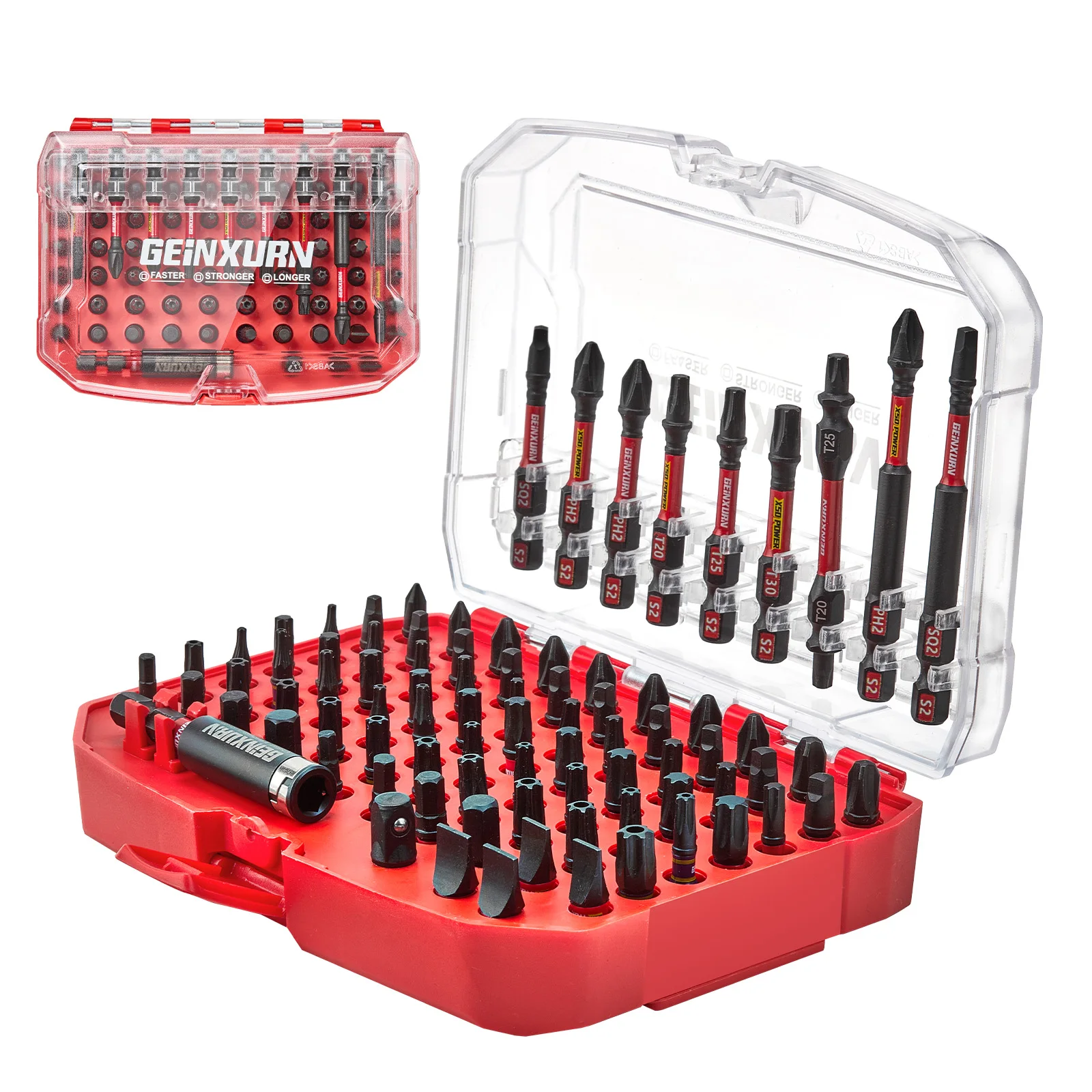 

Geinxurn 83PCS Impact Magnetic Driver Bit Set, S2 Steel Bits (PH/Slotted/Torx/Hex/SQ), Socket Adapter & Red Storage Case