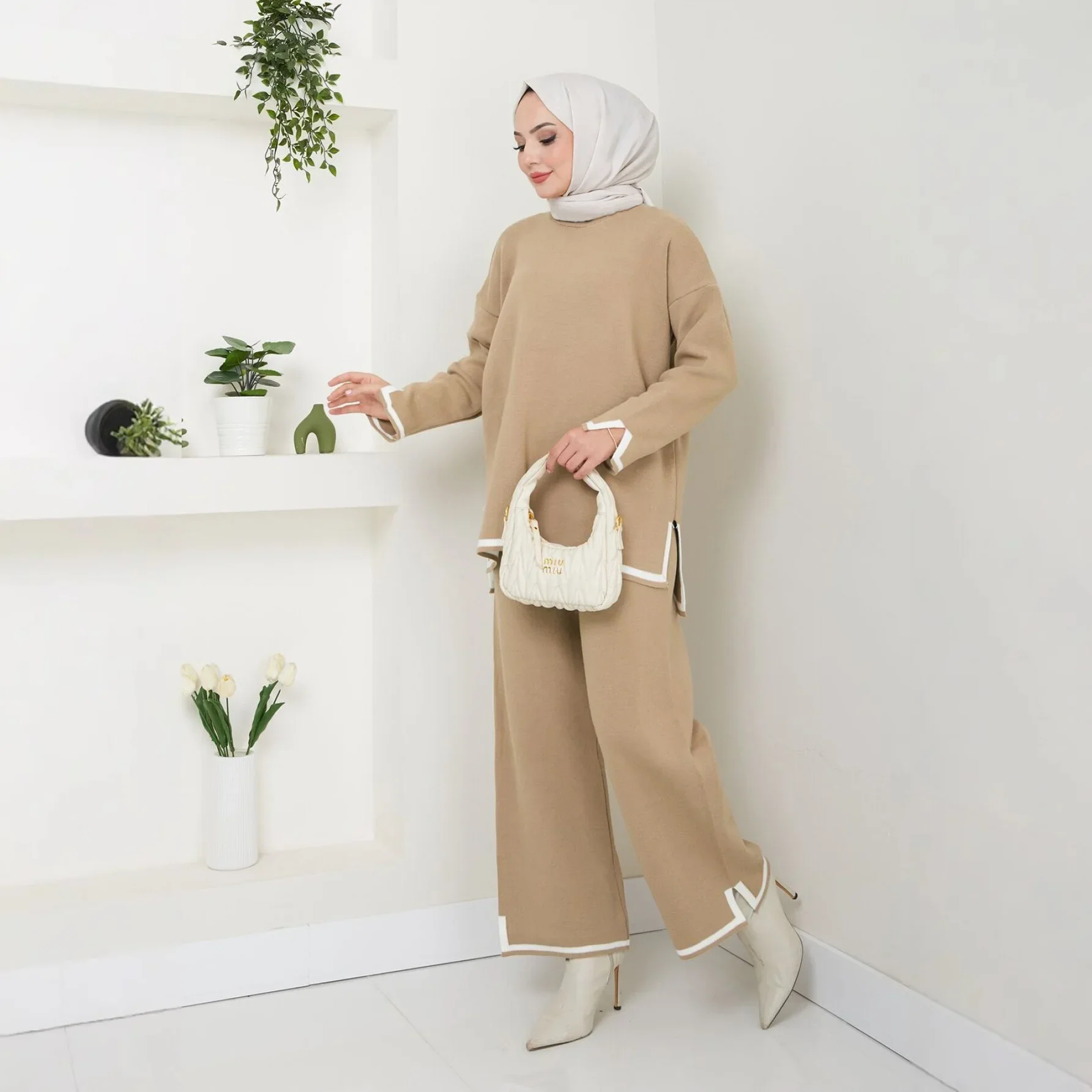 Ramadan Dzianinowy Sweter Zwykły 2-częściowy Abaya Zestaw Topy Spodnie Skromny Muzułmański Zestaw dla Kobiet Islam Caftan Robe Femme Musulmane Kaftan