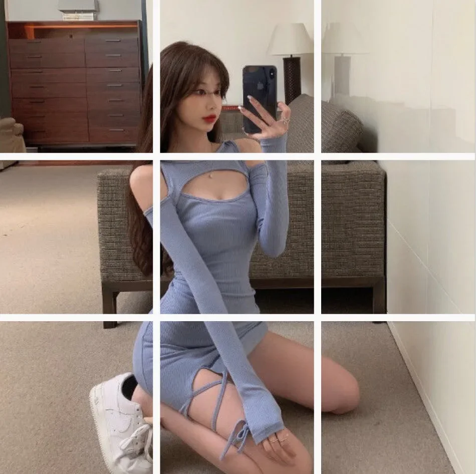 

Women Mini Dress Lace Up Bandage Autumn Slim Long Sleeve Short Dresses Hot Sexy Hollow Out Elegant Vestidos Clothes 2025 платье