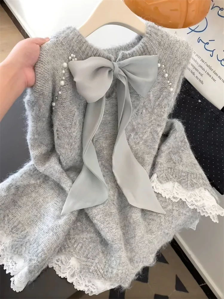 

Grey Knot Beaded Sweater Women's Soft Cozy Autumn Winter New Style High Quality Self-kept Fashionable Korean Version