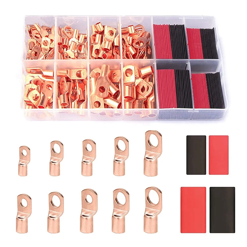 120Pcs Copper Wire Terminal Connectors, AWG 2 4 6 8 10 12 Ring Lug Kit With 60Pcs Heat Shrink 60Pcs Battery Cable Lugs