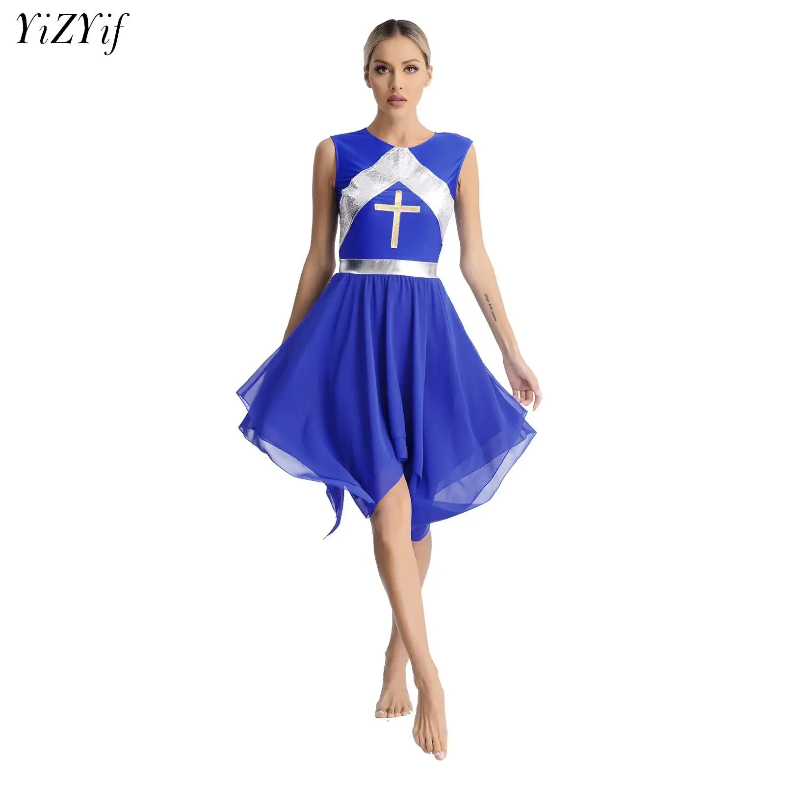 

Womens Shiny Metallic Sleeveless Worship Dress Lyrical Liturgical Praise Dance Tulle Costume Modern Ballroom Stage Dancewear