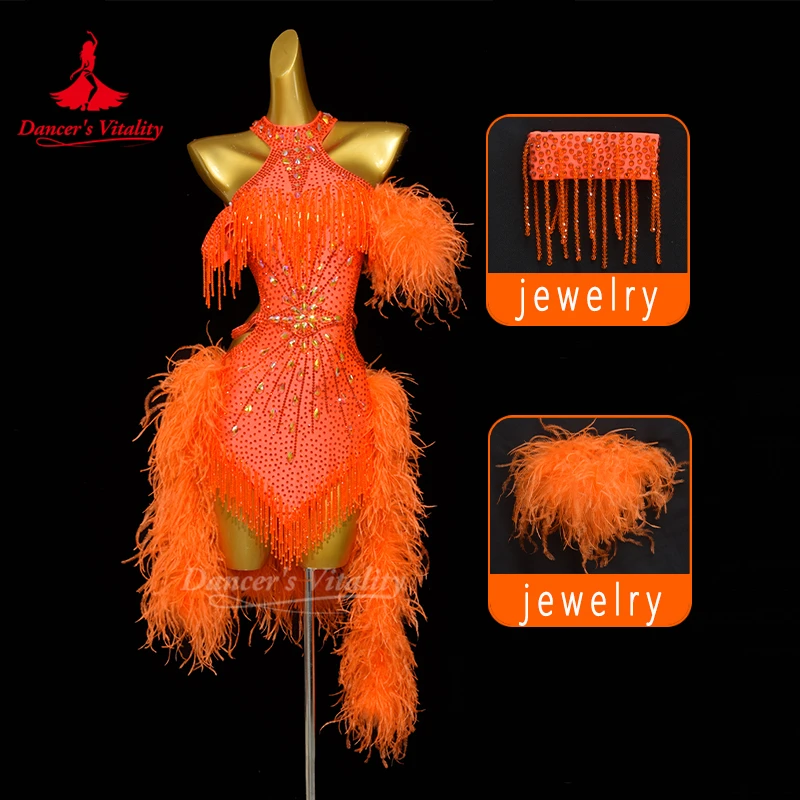 Latin danswedstrijd Jurken Maatwerk High-end luxe AB Stones Verenjurk Tango ChaCha Samba Prestatiekostuums