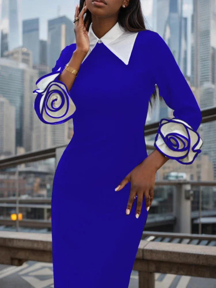 

Workwear Elegant Office Polo Collar Rose Cuff Design Professional Business Dress Long Sleeved Solid Color Women's Clothing
