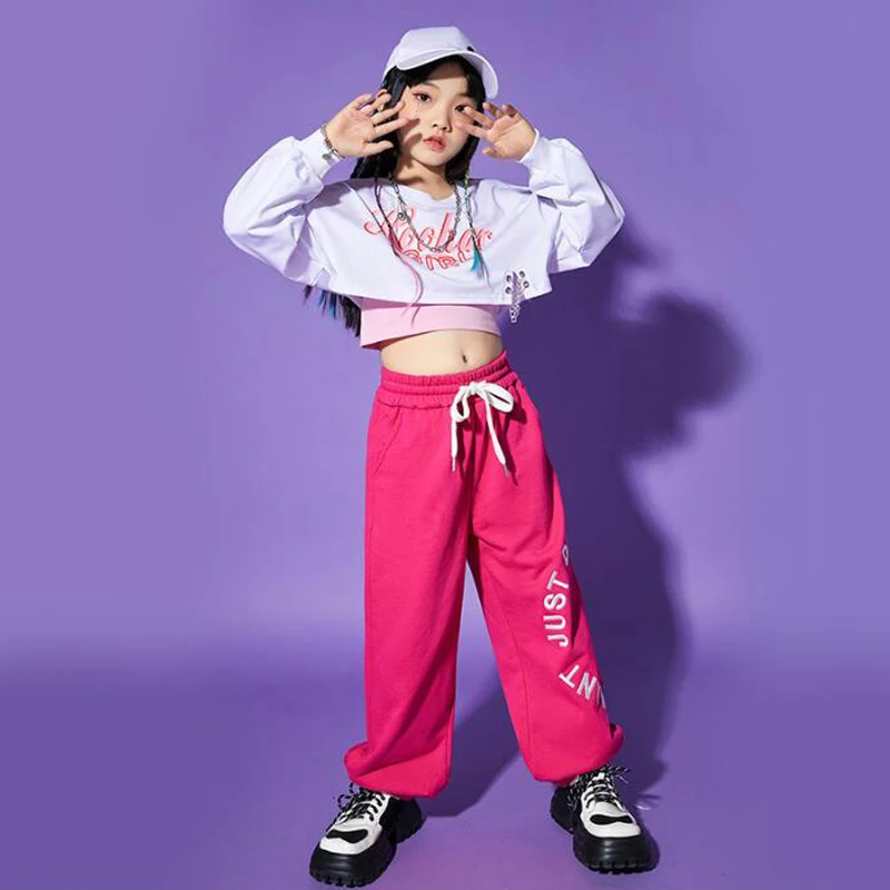 Kids Kpop Outfits Hip Hop White Tops Sweatshirt Tee Tank Vest Casual Streetwear Sweat Pants For Girl Jazz Dance Costume Clothes