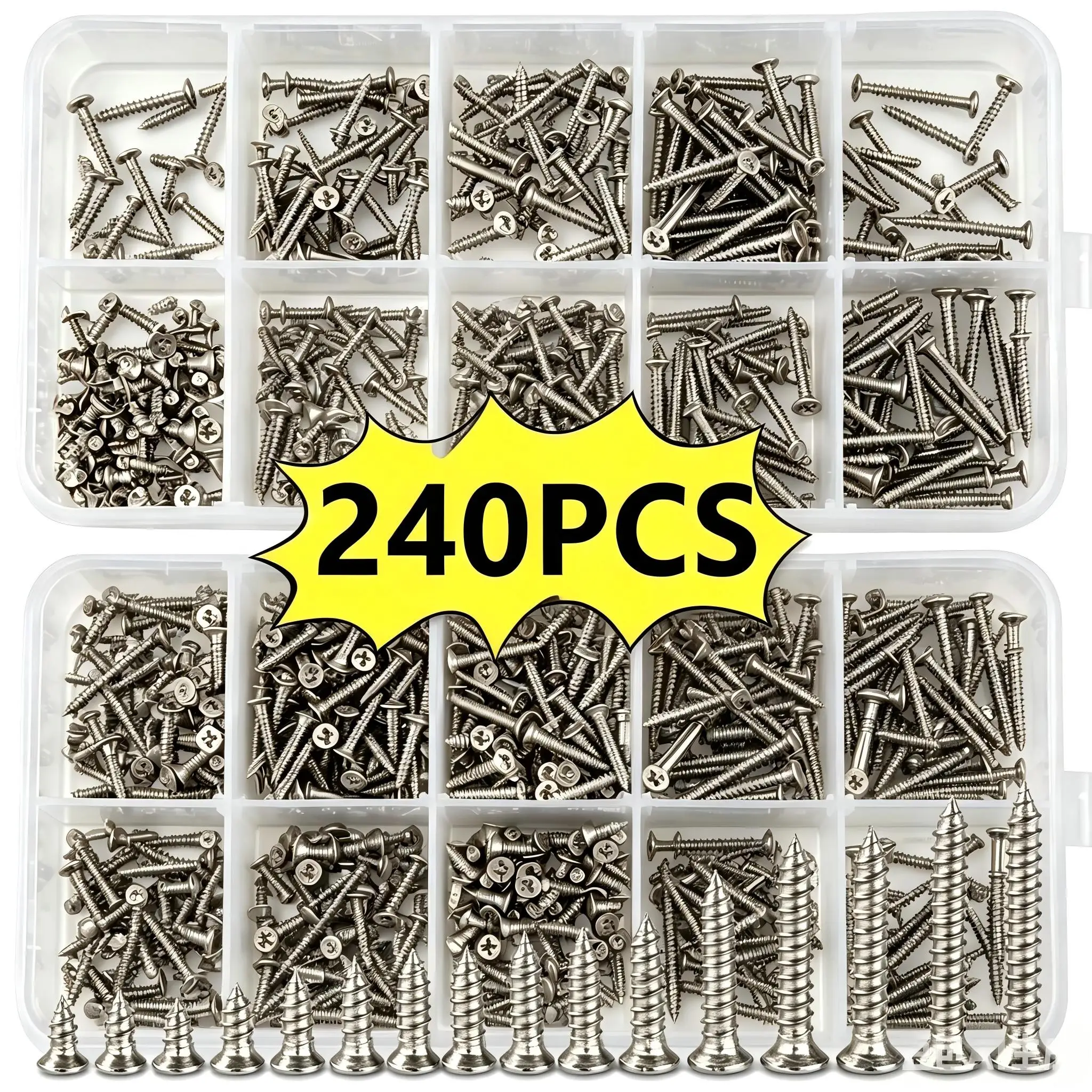 Set of 240 Self-Tapping Wood Screws, M2 Phillips Flat Head Screws for Sheet Metal, Assortment Kit of Self-Screws with Lock Nuts