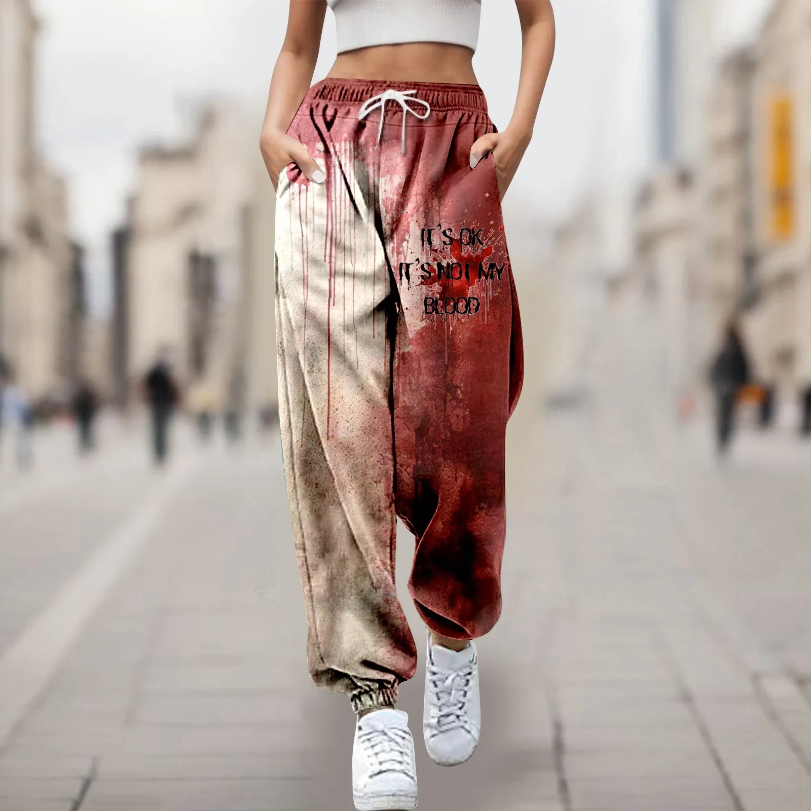 

Halloween Blood Print Horror Pants Drawstring Waist Strap Casual Trousers with Pocket Streetwear Funny Joggers Pants Women