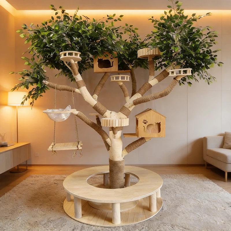 Deluxe Cat Tower Tree Natural Sisal Climbing Frame Scratch Board Rattan Condo Tower Cat Scratcher Pet Furniture
