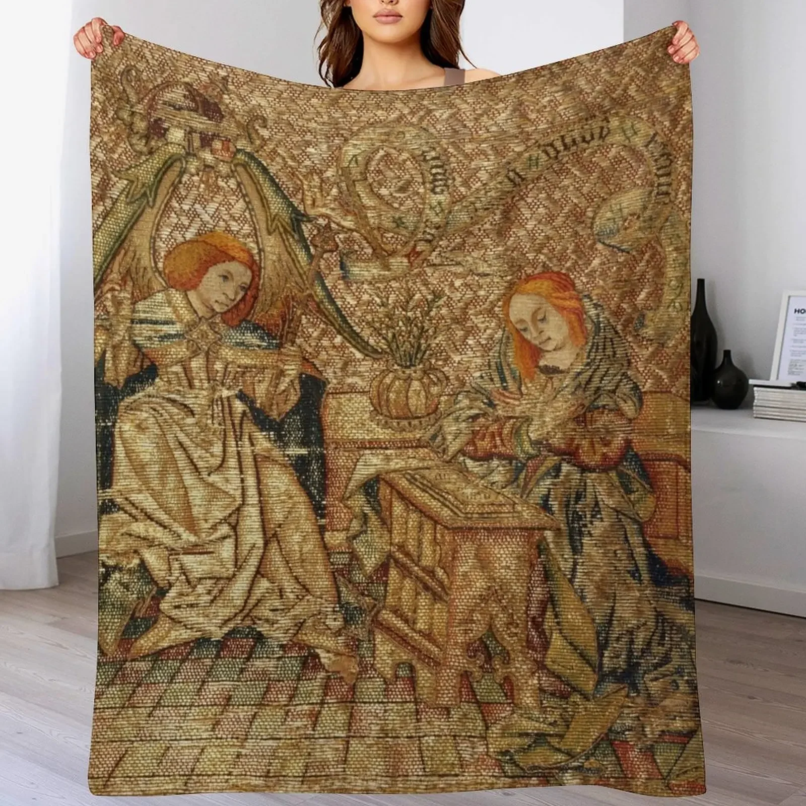 

ANNUNCIATION ANTIQUE GOLD BLUE EMBROIDERY Archangel Gabriel and Virgin Mary Throw Blanket anime cosplay anime For Baby Blankets