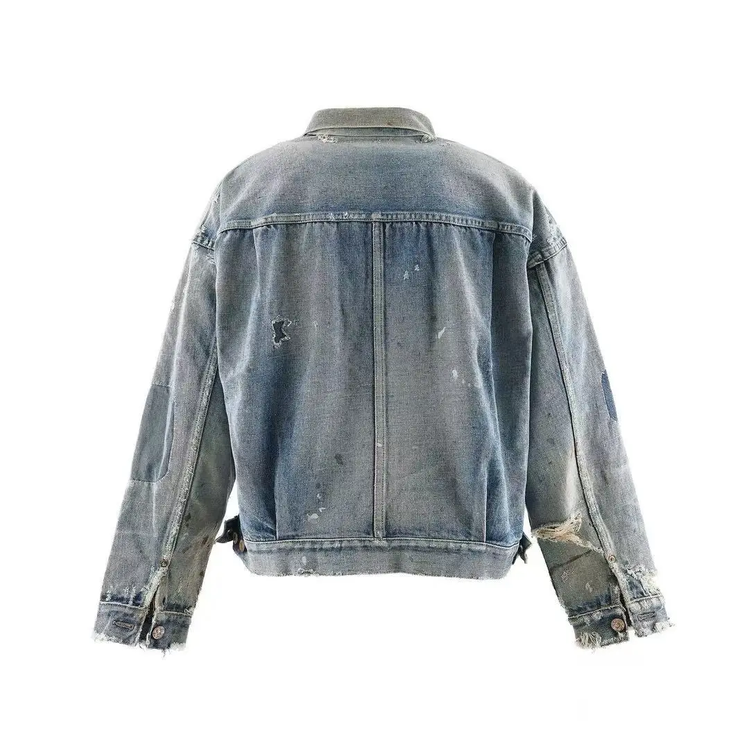 Saint Vintage Distressed Denim Jacket Men Ripped Destroyed Washed Oversized Trucker Coat Grunge Streetwear Jean Outerwear