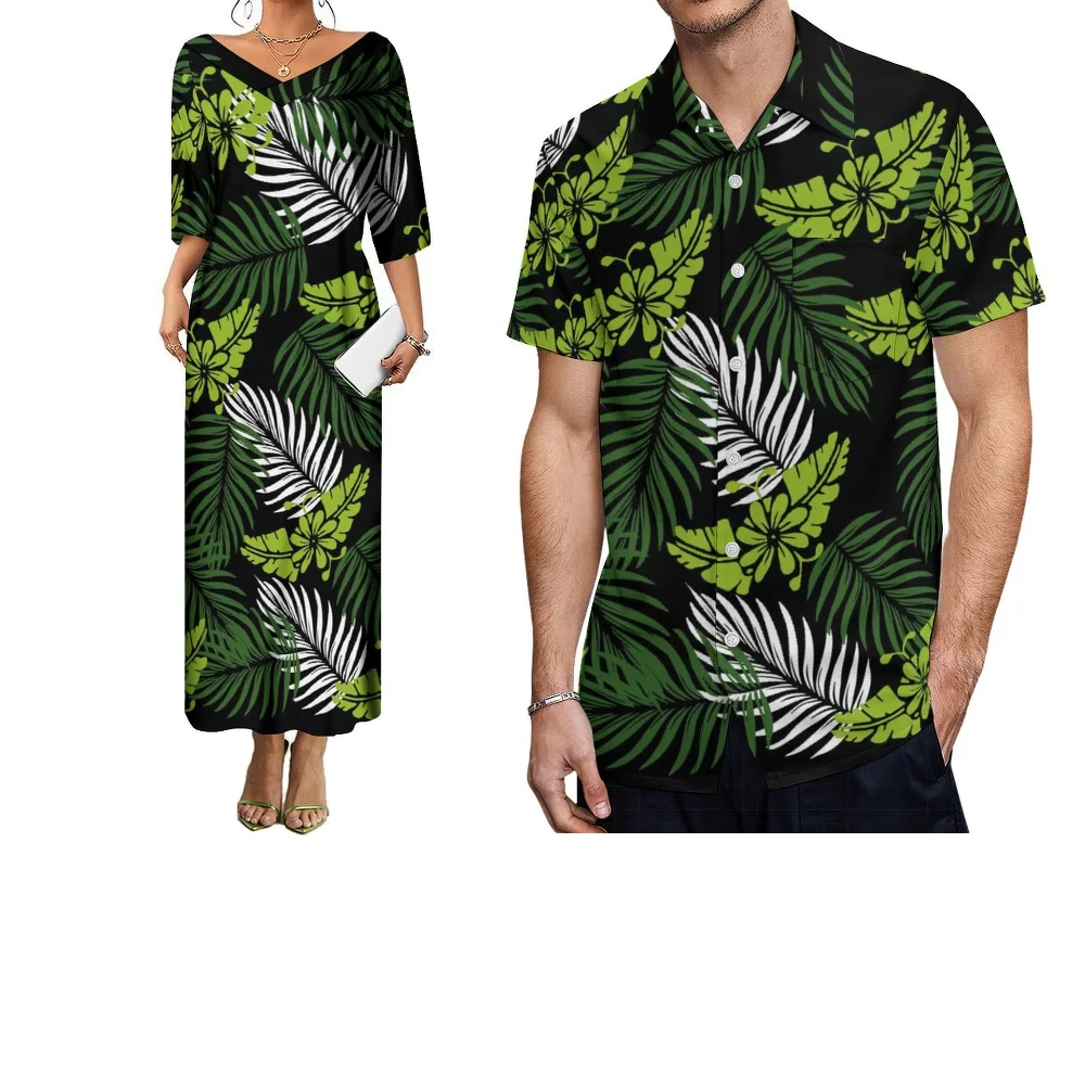 Polinezyjskie letnie stroje dla par z krótkim rękawem szyte na miarę, modne sukienki damskie i koszule męskie w stylu retro