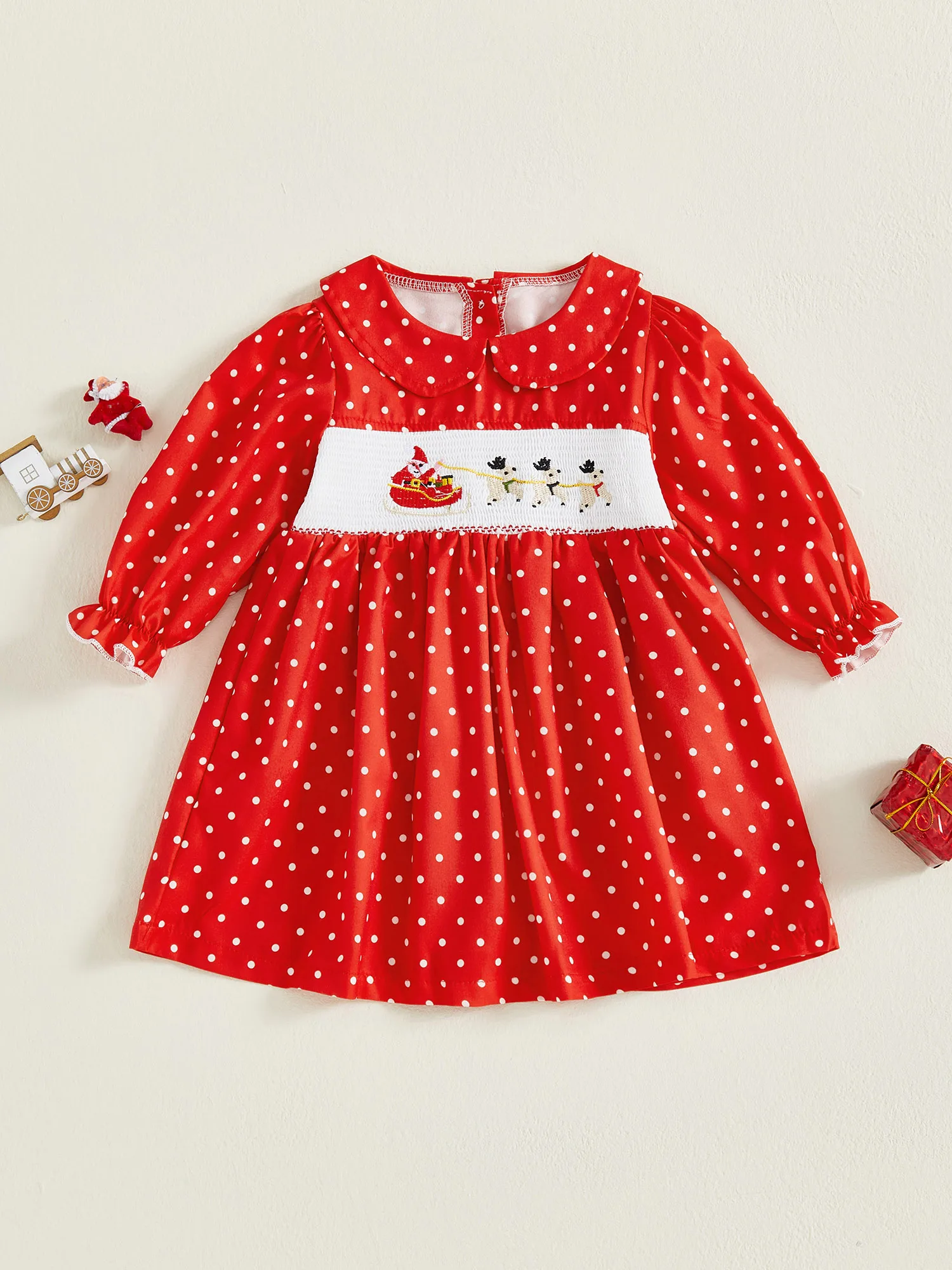 

Милое рождественское платье для маленьких девочек с оленем и принтом в горошек с кукольным воротником и длинными рукавами