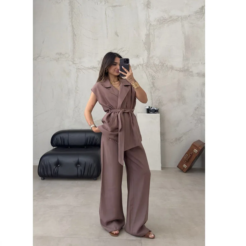 

2025 Fashion Casual Suit Sleeveless Oversize Lace-up Cardigan High Waist Trousers Suit Club Clothing Vestidos