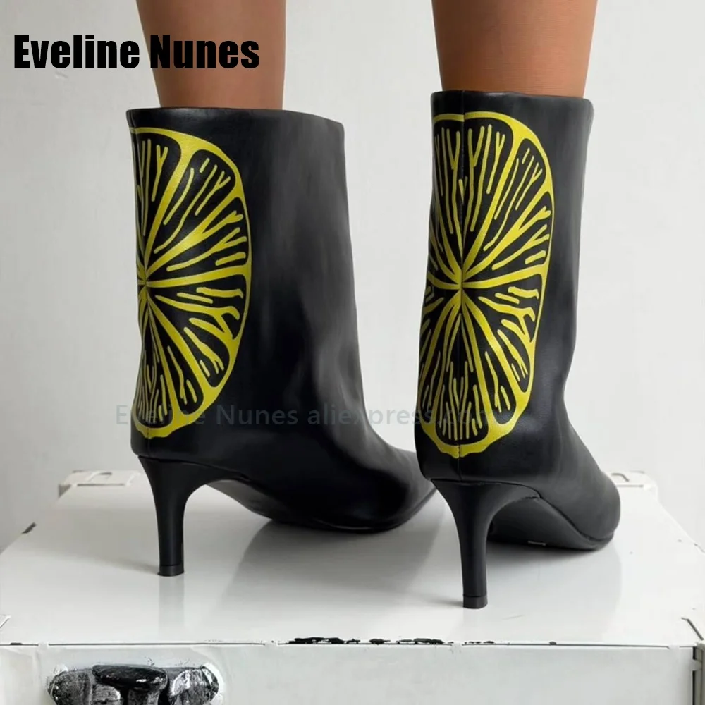 Y2K Trend Women Lemon Pattern Ankle Boots Pointed Toe Stiletto Slip On Short Boots Creative Street Style Fashion Footwear Newest