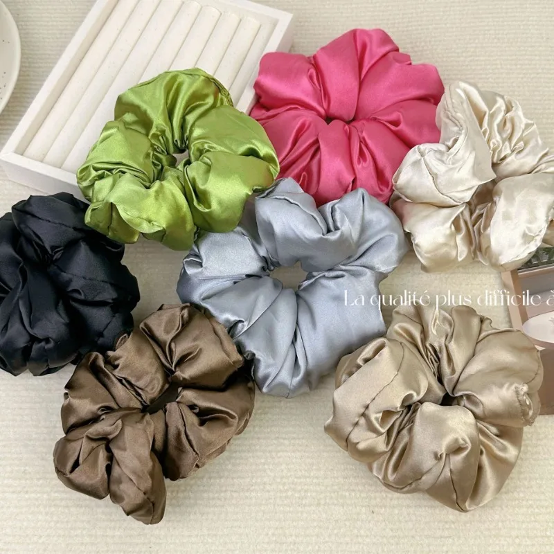 French Lazy Style Satin Pleated Scrunchie Headwear for Women 2024 Summer Korean Colored Ruffled Large Hair Band Hair Accessories