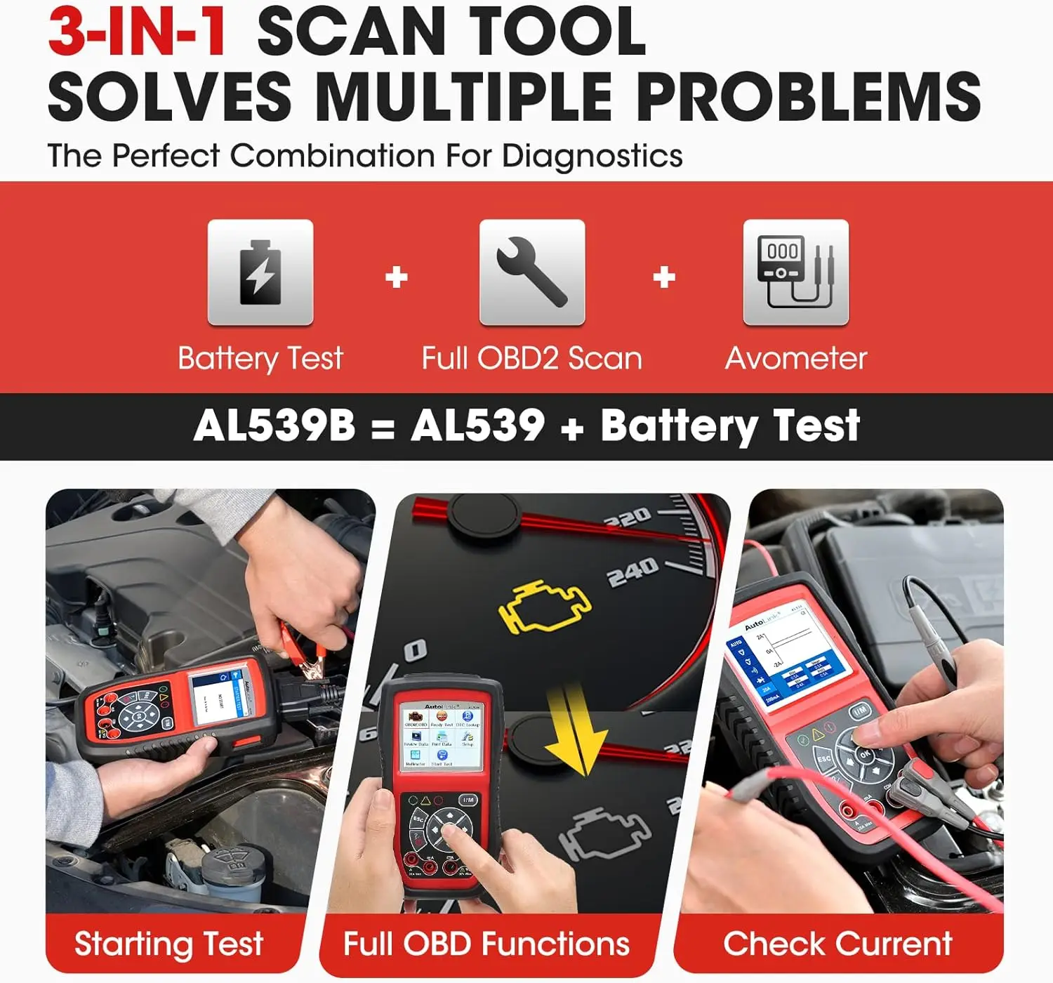 Autel AL539B OBD2 Scanner 3 in 1 Code Reader Battery Tester for 12 Volts Batteries Full OBDII Diagnosis Charging Systems Test