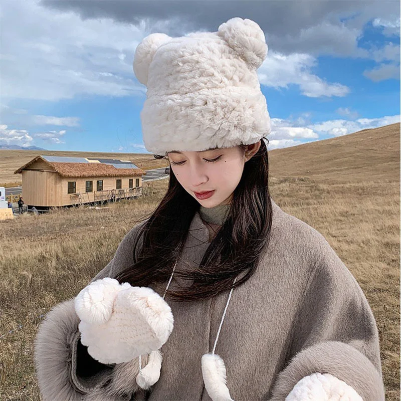 Korean Fashion Winter Bear Hat Thickened Rex Rabbit Plush Russian Women's Cute Warmth Knitted Hat Outdoor Ski Hat 2023