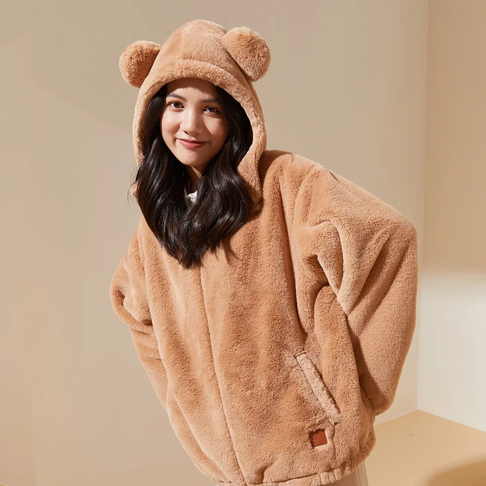 OhSunny New Autumn and Winter Clothes Women Hooded Soft Cute Bear Ear Plush Coat Women Loose Warm Jacket Women Fur Jacket