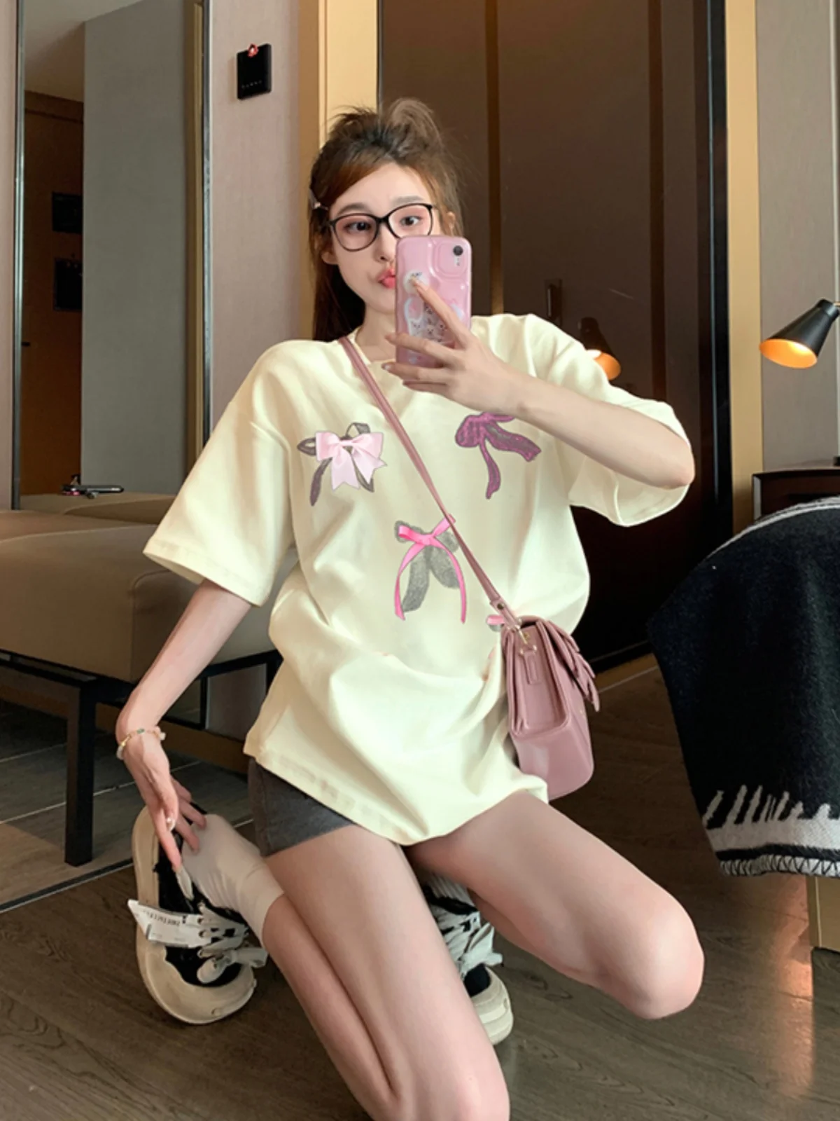 Korean Style  Knot Short Sleeve T-Shirt Women Summer New Loose Fashionable Cotton round Neck Print Top for Younger Look