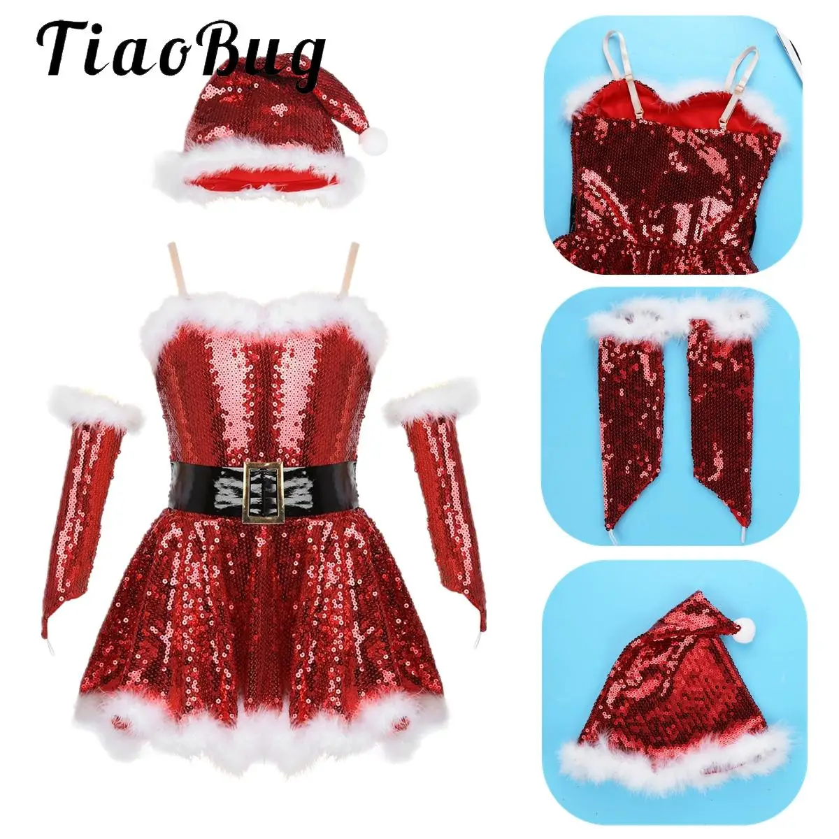 

Girls Christmas Elf Tutu Dress Red Sequins Latin Jazz Ballet Dance Leotard Dress Sleeveless Mrs Santa Claus Cosplay Dance Outfit