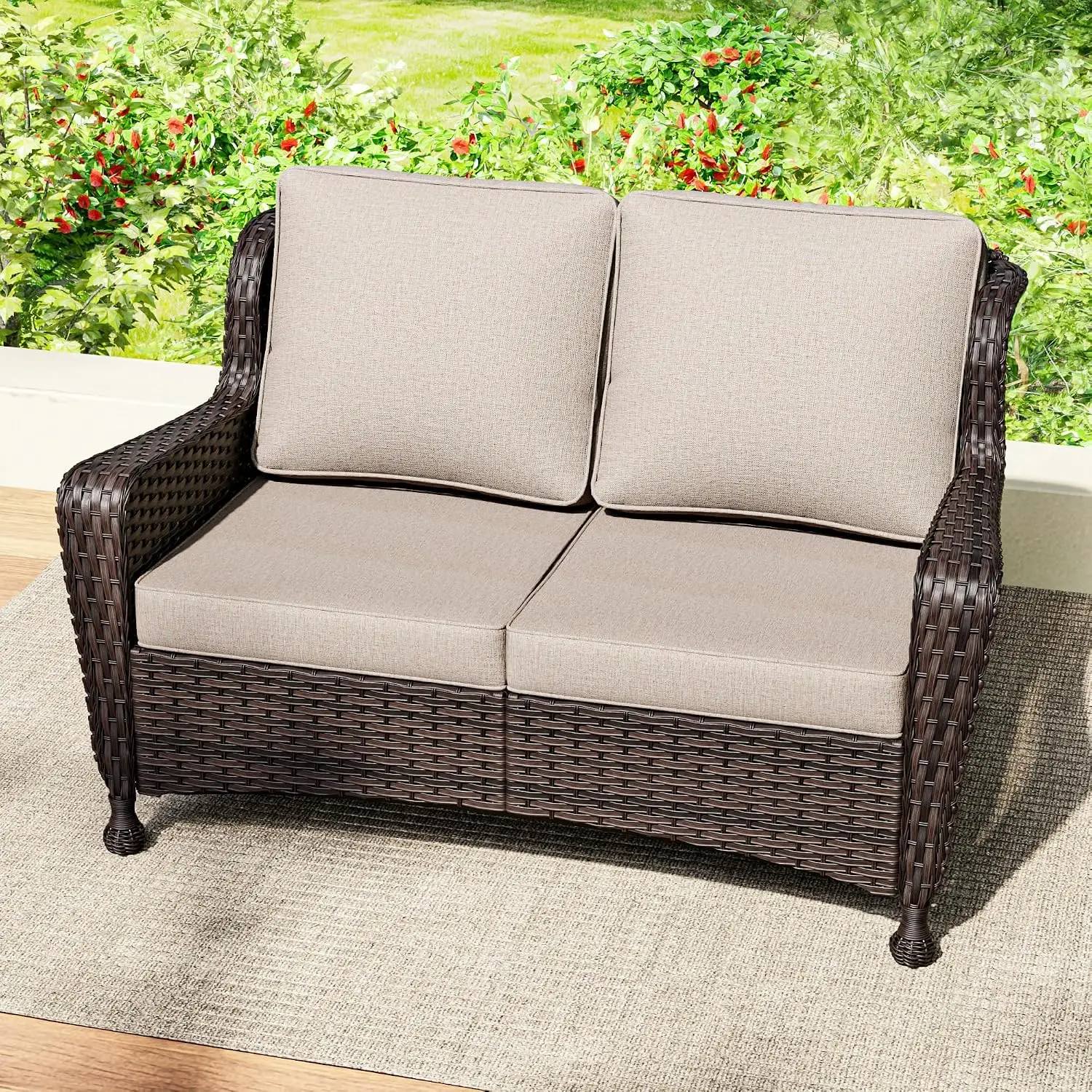 Patio Loveseat, Outdoor 2-Seat Wicker Sofa with Thickened Seat Cushions, All-Weather, High Back and Wide Armrest for Porch
