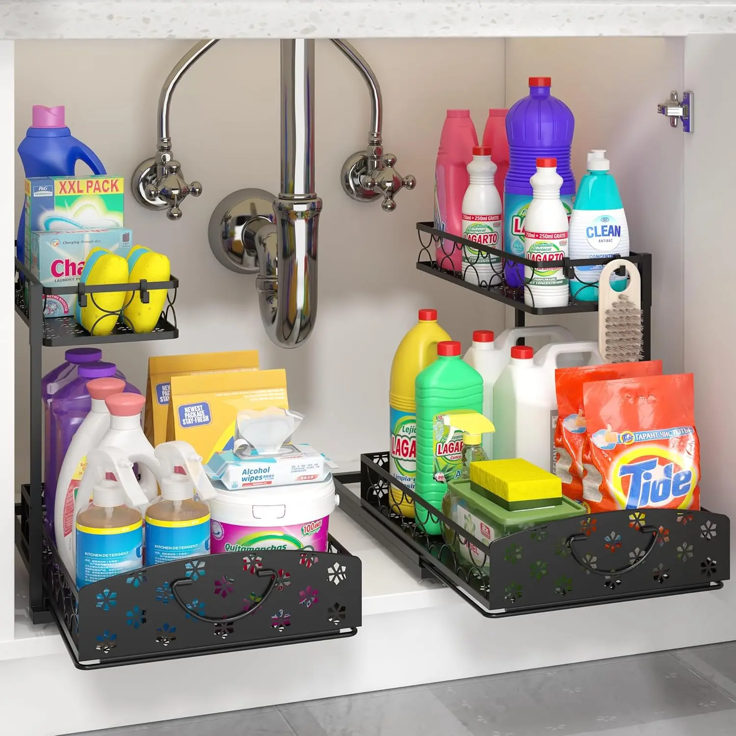 

2 Pack Under Sink Organizer, Adjustable Height Metal Under Kitchen Cabinet Organizer, 2-Tier Sliding Shelf Storage, Multi-Use fo