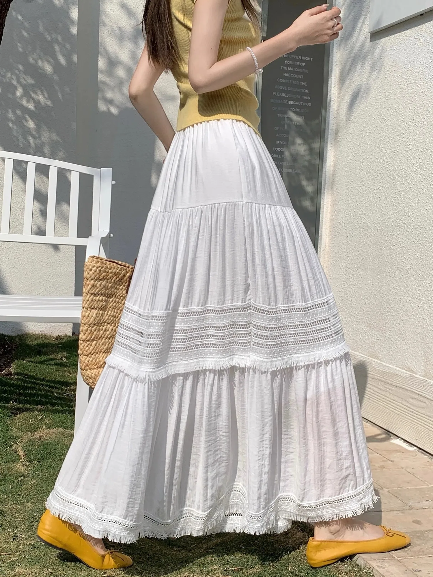 

Лето 2026 Новинка: Женская длинная юбка А-силуэта с плиссированным широким подолом, вырезами и бахромой, повседневная юбка