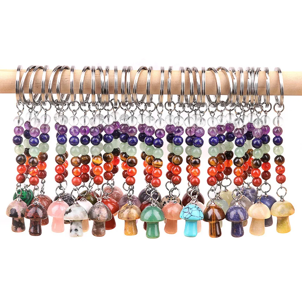 Random Color Natural Stone Reiki Crystal Seven Chakras Keychain Mushroom Shape Pendant Stainless Steel Car Key Chain Accessories