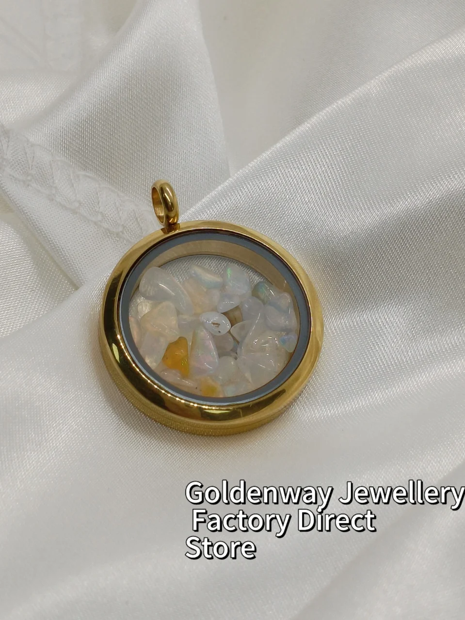 2025 Popular Natural Opal Raw Stone Stainless Steel Glass Gold Locket Rough Gems Charm Titanium Pendant Unisex Anti-rust Jewelry view 6