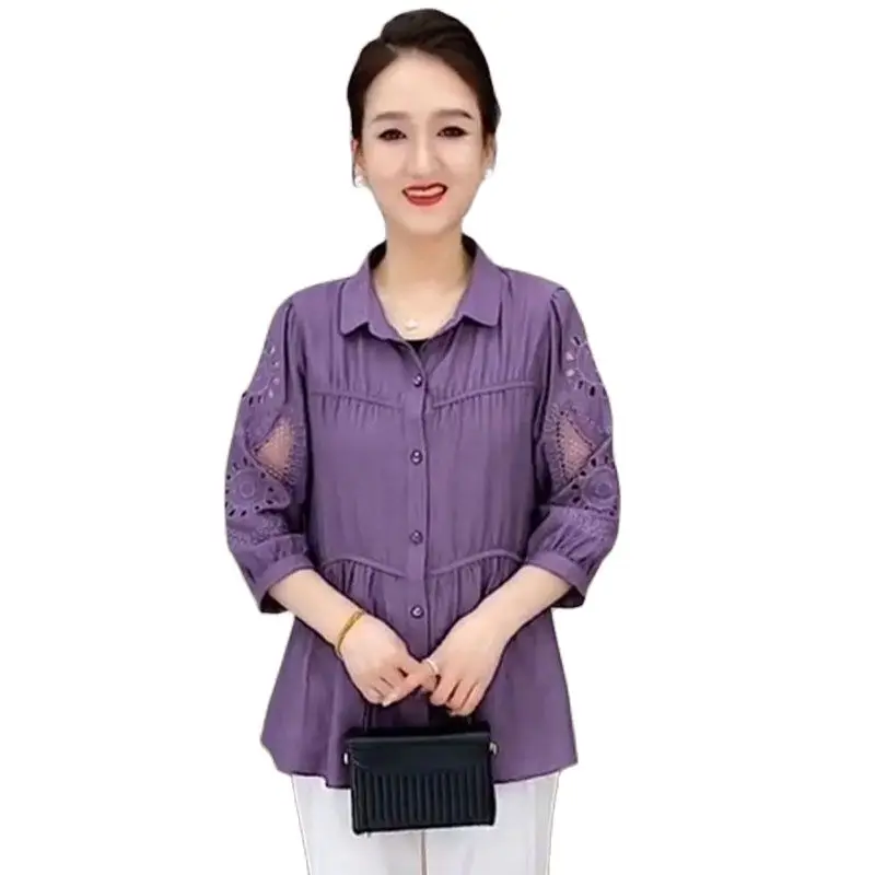 

Tops Thin Cotton Shirt Women's Solid Color Vintage Shirt Women's Summer 2023 New Loose Polo Collar Shirt Embroidery Hollowed Out