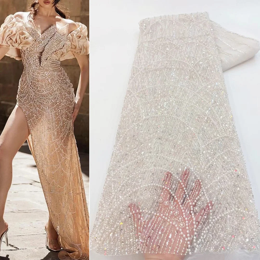 

(5yards/pc) Heavy tube beads embroidered African wedding lace fabric white French net lace high quality for party dress FCC263