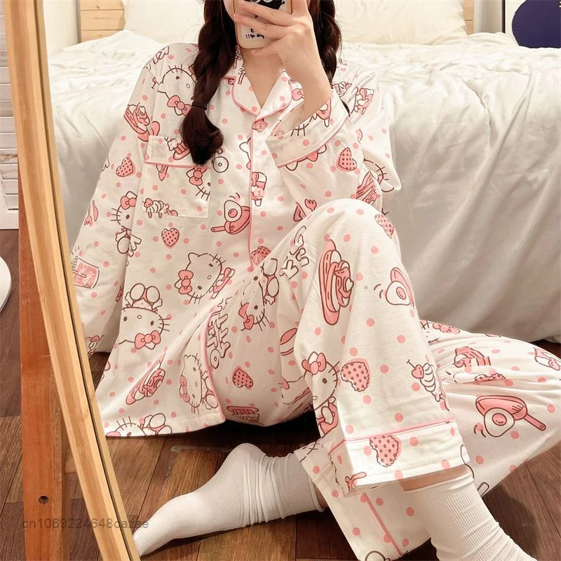 Sanrio Hello Kitty Printed Cartoon Pajamas Girls Spring  Autumn Long Sleeve Cotton Home Clothes Set Y2k Soft Tracksuit For Women