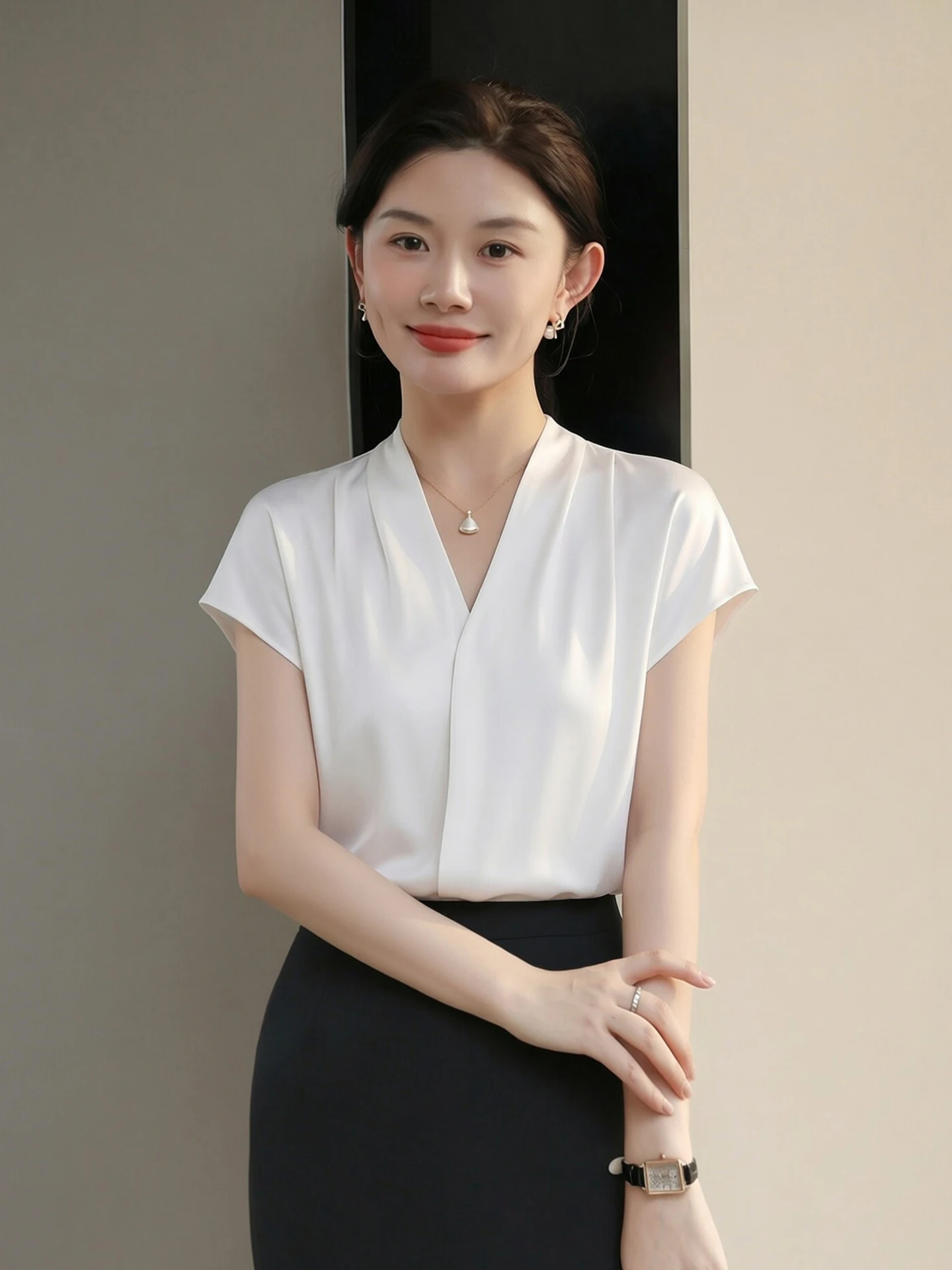 

Lightweight Silk V-Neck Short Sleeve Shirt Women's Business Commute Shirt Comfortable Breathable Anti-Wrinkle Easy Care White