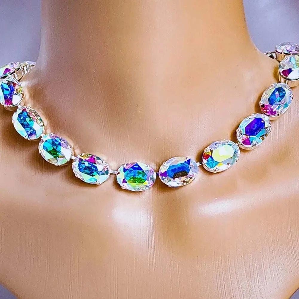 Colorful BA Crystal Clavicle Chain Necklace for Women Elegant Trendy Designer Cut Geometric Ellipse Rhinestone Collar Wholesale