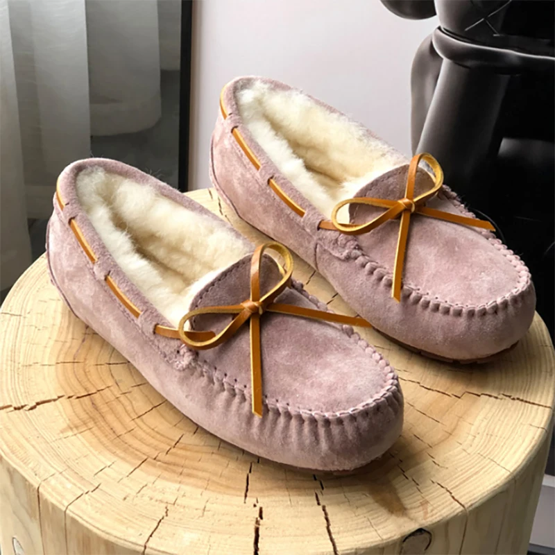 New 100% Natural Wool Genuine Leather Women Flat Winter shoes Women Moccasins Casual Loafers Plus Size Winter shoes
