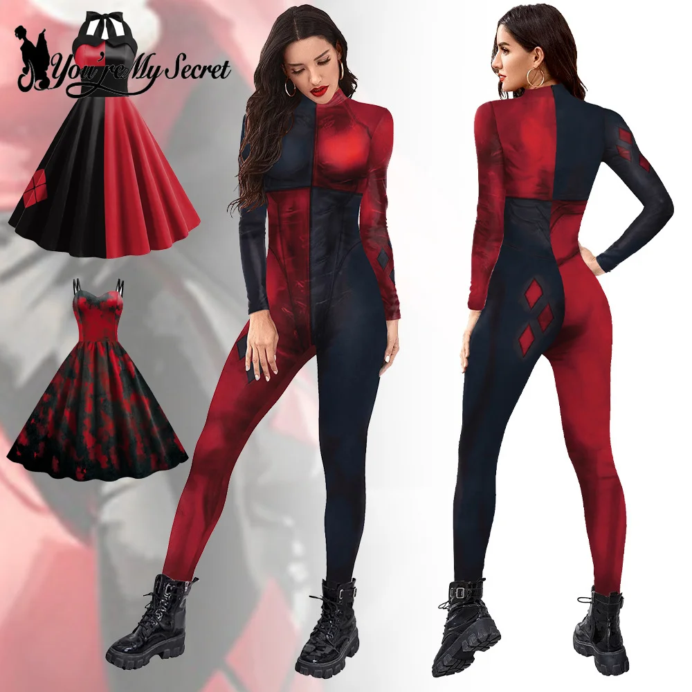 [Du bist mein Geheimnis] Halloween Verkleidung Kostüm für Frauen Horror Cosplay Harley Quinn verkleiden Party Clown Joker Bobysuit weiblich