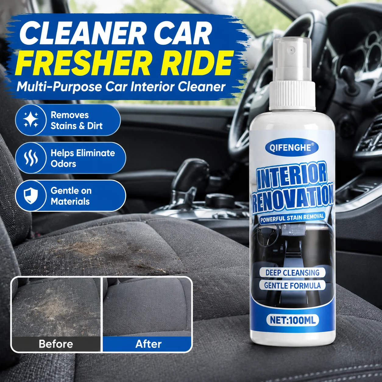 Car Interior Cleaner Spray 100ml Seat Upholstery Fabric Stain Remover Deep Cleaning No Rinse Gentle Formula Auto Detailing Care