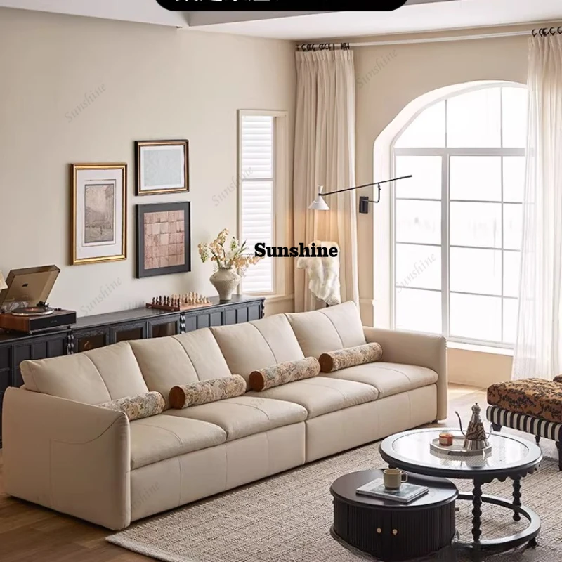 

French leather sofa cream style solid wood high-end cloud in-line medieval style living room