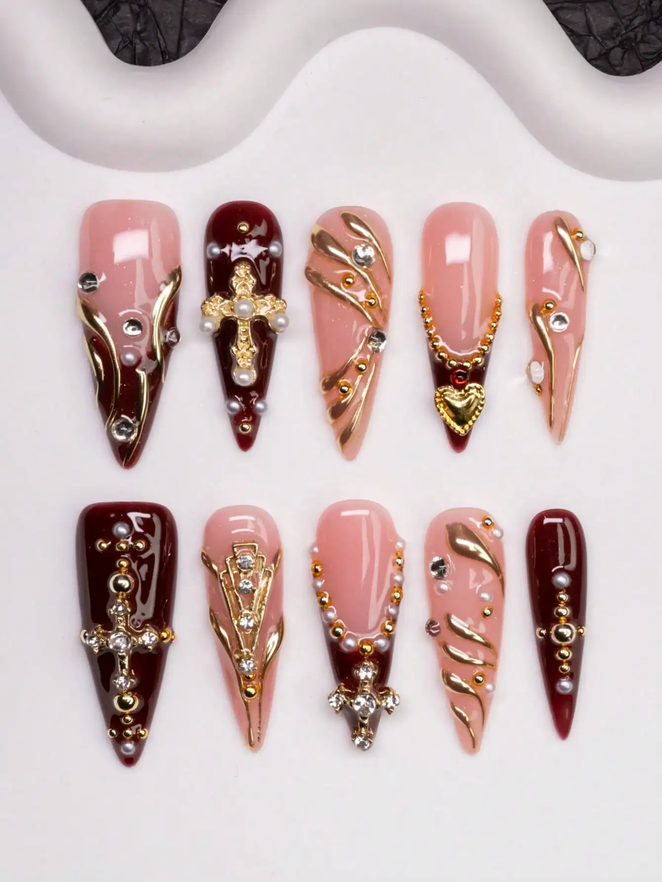 

Handmade Almond-Shaped Y2K Style Nails, Spring/Summer, Nude & Brown Color With French Tips, Cross, Star, Asymmetrical Liquid Met